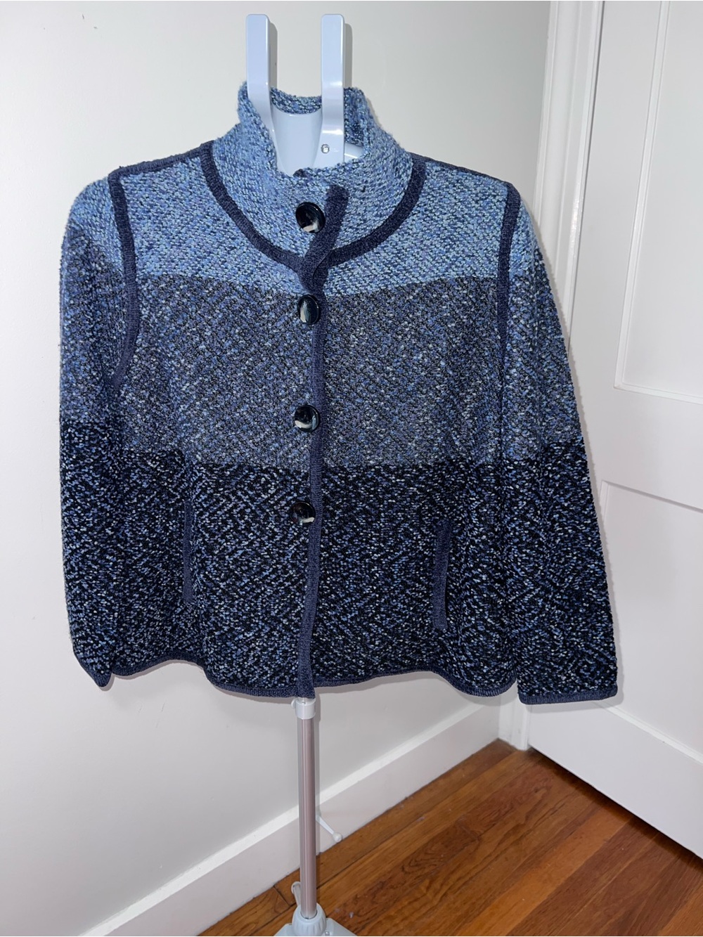 Orvis Blue Gradient Button-Front granola girl sweater